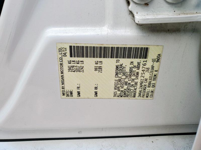 1N4AL2AP6CC254761 - 2012 NISSAN ALTIMA BASE 白色 照片 13