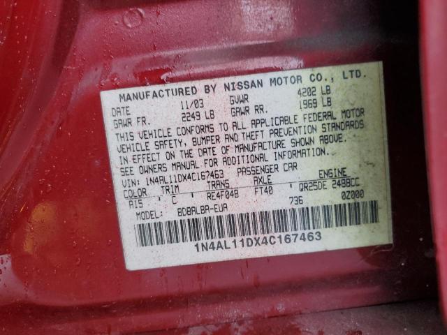 1N4AL11DX4C167463 - 2004 NISSAN ALTIMA BASE 红色 照片 12
