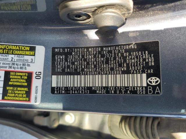 5YFBURHE2KP936888 - 2019 TOYOTA COROLLA L GRAY photo 13