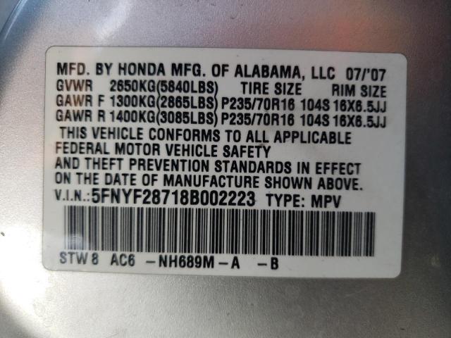 5FNYF28718B002223 - 2008 HONDA PILOT EXL SILVER photo 14