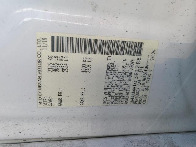 1N4AA6AV1KC361288 - 2019 NISSAN MAXIMA S Weiß Foto 12