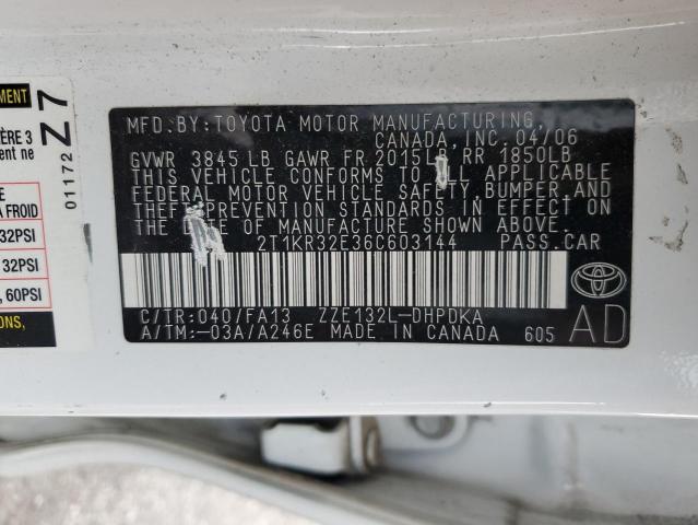 2T1KR32E36C603144 - 2006 TOYOTA COROLLA MA XR WHITE photo 12