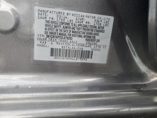 3N1CN7AP2GL879293 - 2016 NISSAN VERSA S 灰色 照片 13