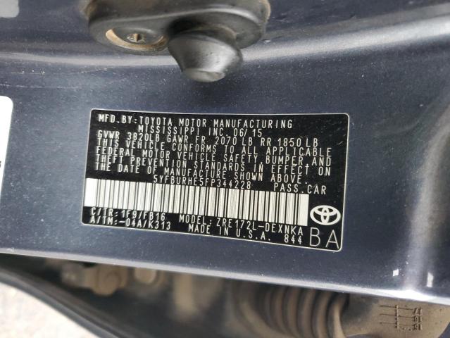 5YFBURHE5FP344228 - 2015 TOYOTA COROLLA L GRAY photo 13