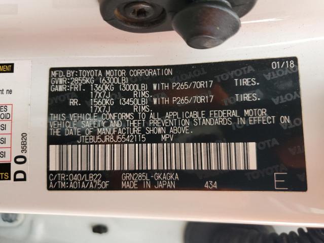 JTEBU5JR8J5542115 - 2018 TOYOTA 4RUNNER SR5/SR5 PREMIUM თეთრი ფოტო 13