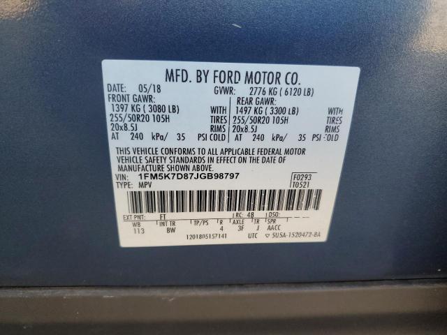 1FM5K7D87JGB98797 - 2018 FORD EXPLORER XLT BLUE photo 13