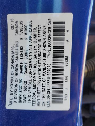 2HGFC2F55JH587875 - 2018 HONDA CIVIC LX BLUE photo 12