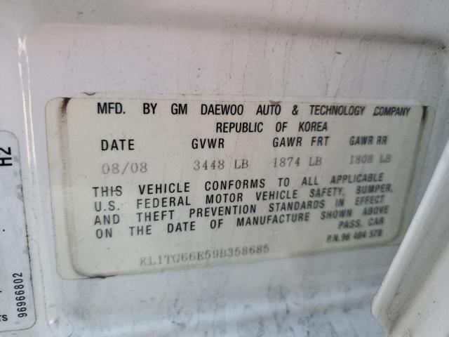 KL1TG66E59B358685 - 2009 CHEVROLET AVEO LT WHITE photo 12