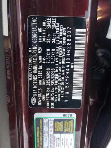 5XYPH4A1XHG288007 - 2017 KIA SORENTO EX Бордовий фото 12