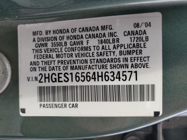 2HGES16564H634571 - 2004 HONDA CIVIC LX GREEN photo 13