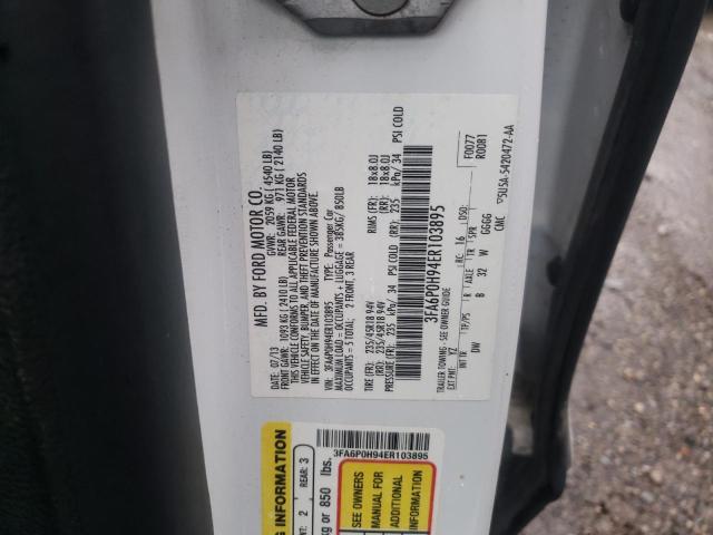 3FA6P0H94ER103895 - 2014 FORD FUSION SE WHITE photo 12