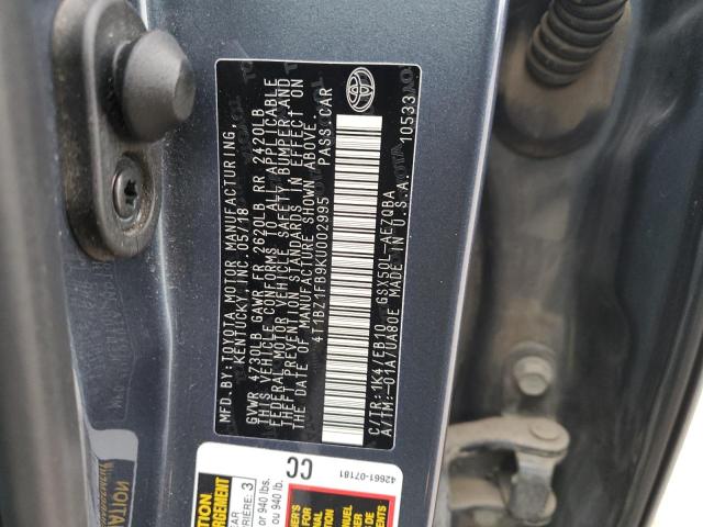 4T1BZ1FB9KU002995 - 2019 TOYOTA AVALON XLE GRAY photo 12