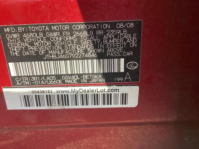 JTHBJ46G792274846 - 2009 LEXUS ES 350 RED photo 10