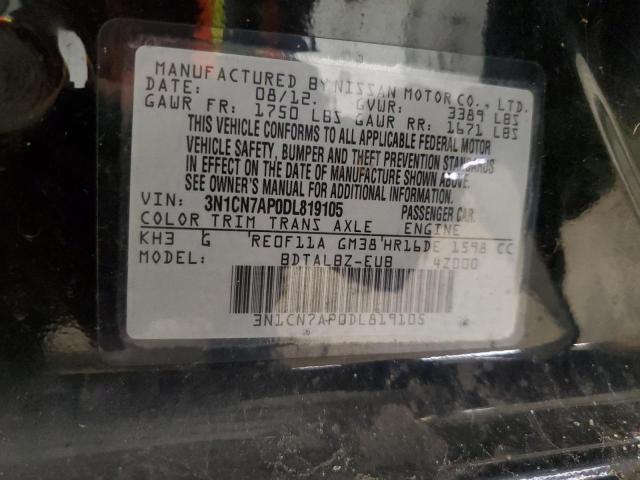 3N1CN7AP0DL819105 - 2013 NISSAN VERSA S BLACK photo 12