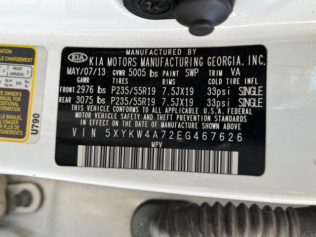 5XYKW4A72EG467626 - 2014 KIA SORENTO SX WHITE photo 10