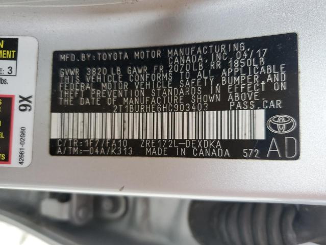 2T1BURHE6HC903403 - 2017 TOYOTA COROLLA L SILVER photo 13