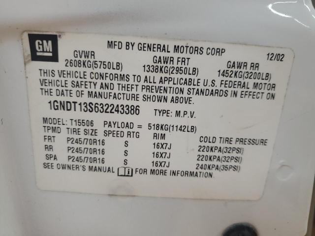 1GNDT13S632243386 - 2003 CHEVROLET TRAILBLAZE WHITE photo 13