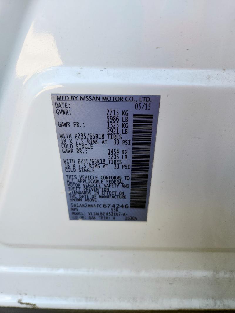 5N1AR2MN4FC674246 - 2015 NISSAN PATHFINDER S Սպիտակ լուսանկար 12