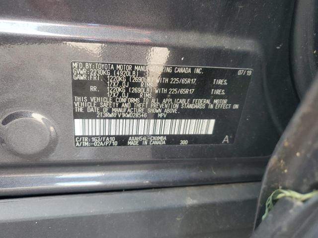 2T3RWRFV1KW028546 - 2019 TOYOTA RAV4 XLE ნაცრისფერი ფოტო 13