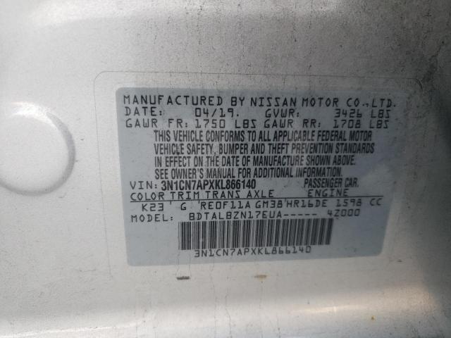 3N1CN7APXKL866140 - 2019 NISSAN VERSA S Gümüş foto 12