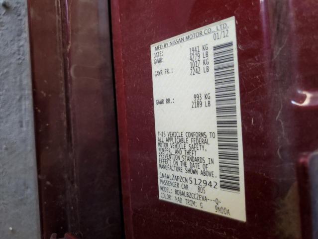 1N4AL2AP2CN512942 - 2012 NISSAN ALTIMA BASE BURGUNDY photo 12