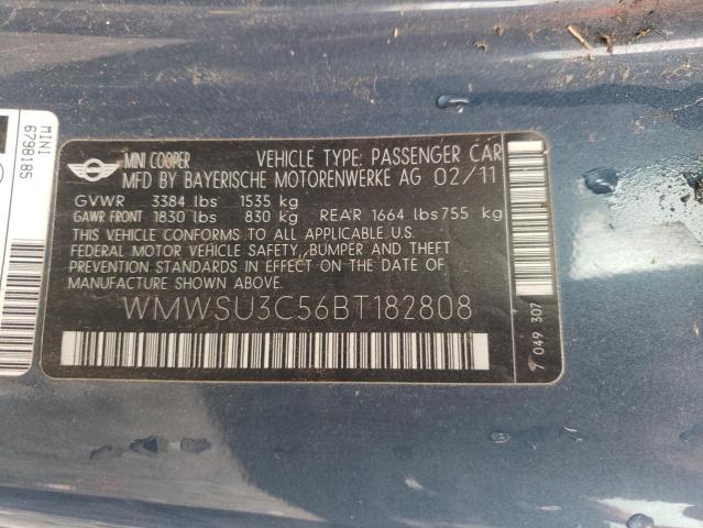 WMWSU3C56BT182808 - 2011 MINI COOPER ლურჯი ფოტო 13