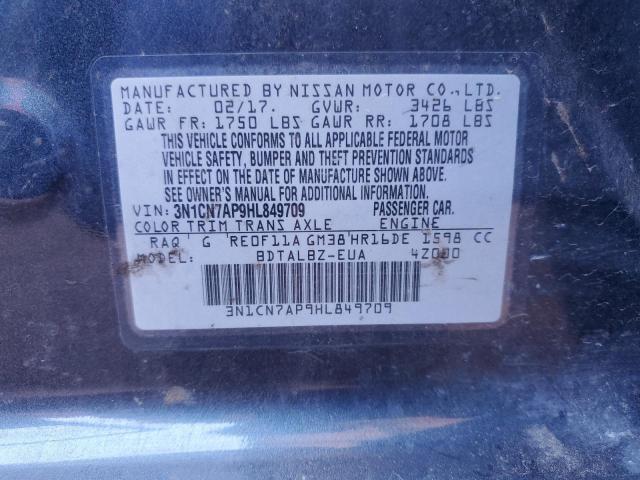 3N1CN7AP9HL849709 - 2017 NISSAN VERSA S BLUE photo 13