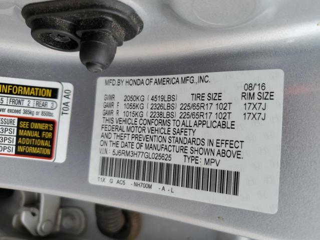 5J6RM3H77GL025625 - 2016 HONDA CR-V EXL SILVER photo 12