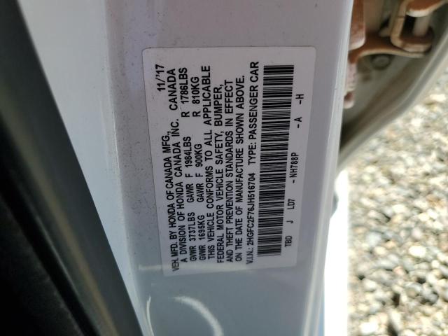 2HGFC2F76JH516704 - 2018 HONDA CIVIC EX Blanc photo 12