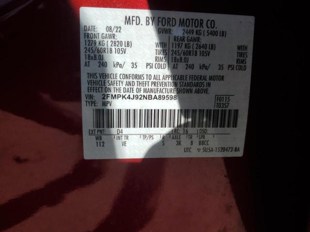 2FMPK4J92NBA89598 - 2022 FORD EDGE SEL RED photo 13