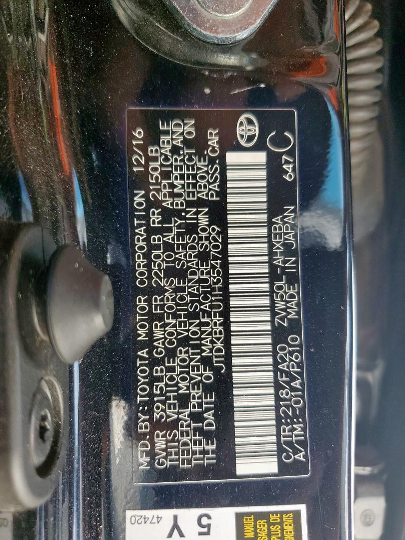 JTDKBRFU1H3547029 - 2017 TOYOTA PRIUS BLACK photo 13