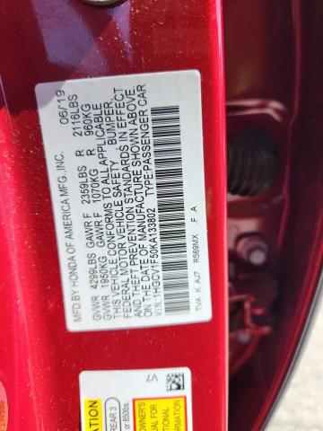 1HGCV1F50KA133802 - 2019 HONDA ACCORD EXL Rot Foto 12