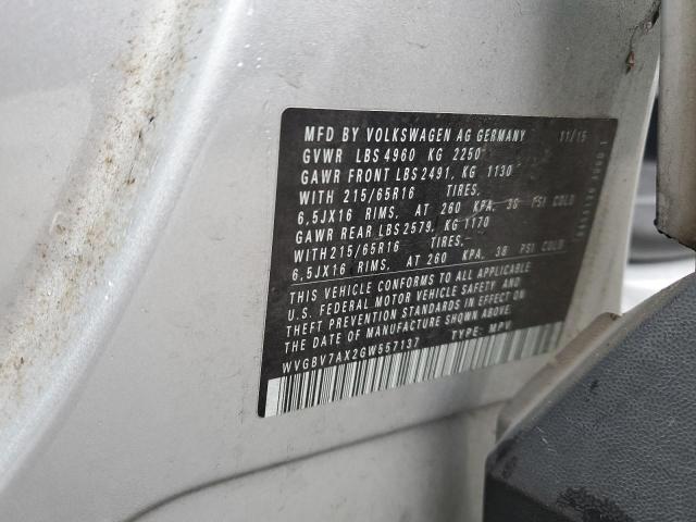 WVGBV7AX2GW557137 - 2016 VOLKSWAGEN TIGUAN S Srebrny zdjęcie 13