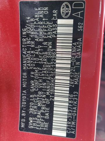 2T1BURHE1EC122963 - 2014 TOYOTA COROLLA L RED photo 12