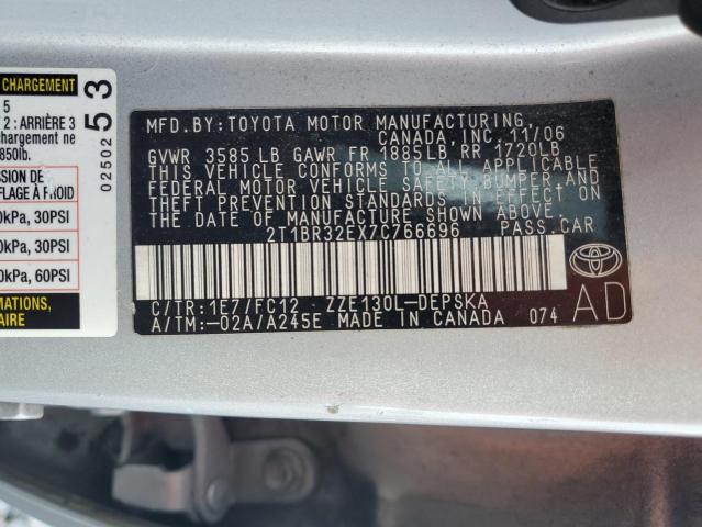 2T1BR32EX7C766696 - 2007 TOYOTA COROLLA CE ვერცხლისფერი ფოტო 12