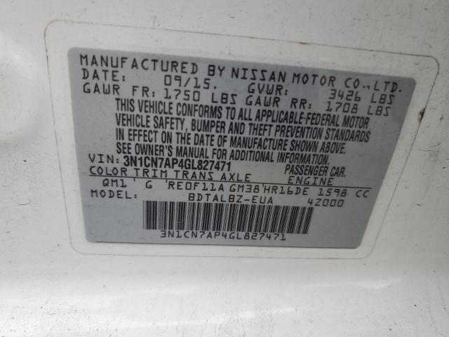 3N1CN7AP4GL827471 - 2016 NISSAN VERSA S 白色 照片 12