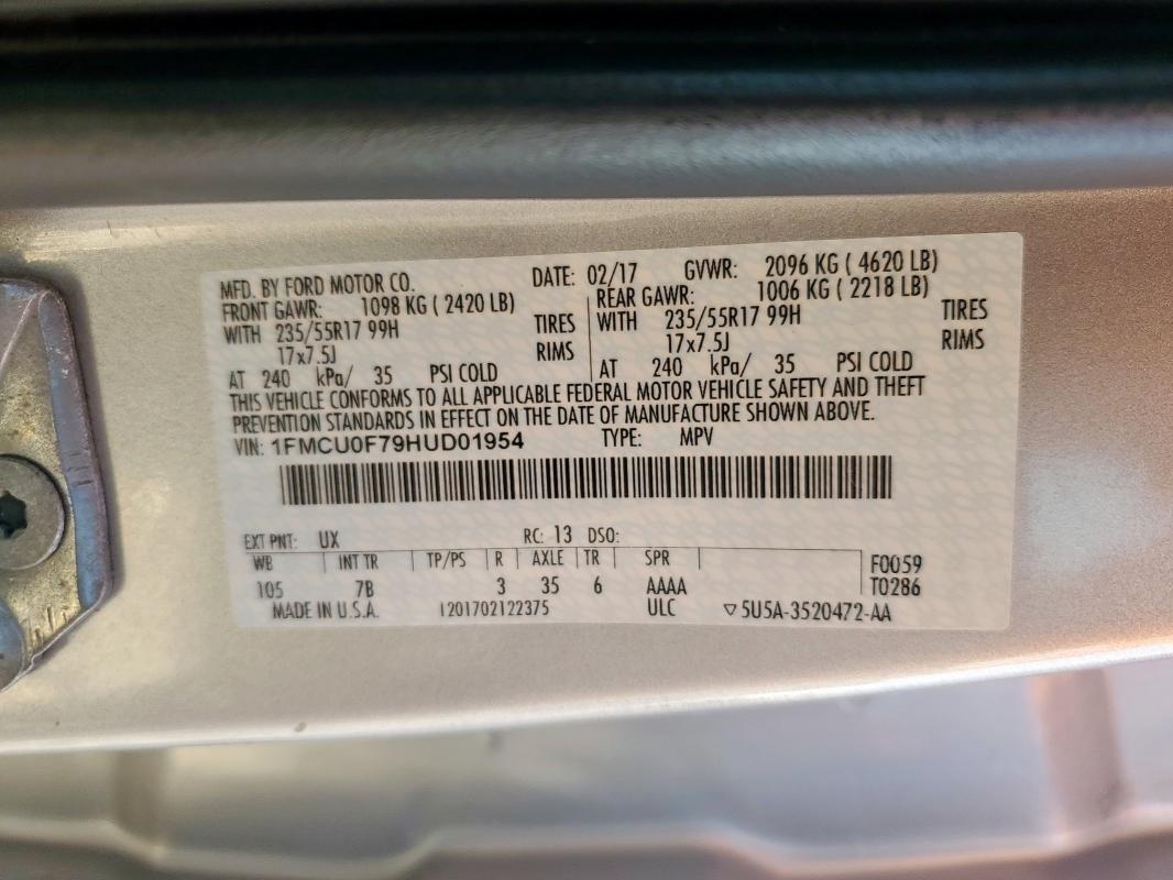 1FMCU0F79HUD01954 - 2017 FORD ESCAPE S Gümüş foto 13