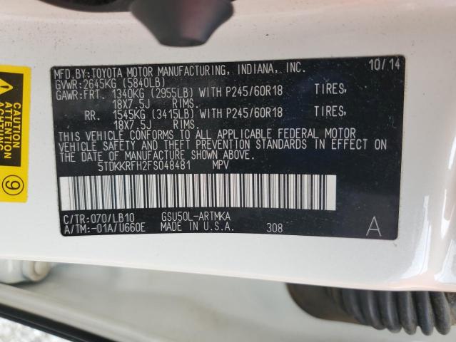 5TDKKRFH2FS048481 - 2015 TOYOTA HIGHLANDER XLE Белый фото 13