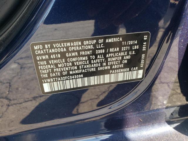 1VWBT7A32FC043096 - 2015 VOLKSWAGEN PASSAT SE BLUE photo 12
