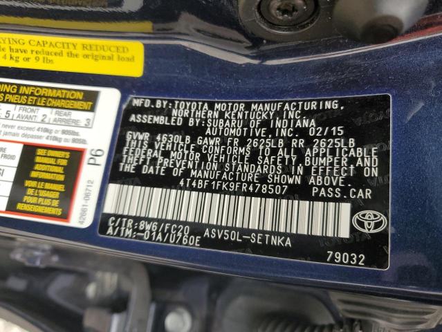 4T4BF1FK9FR478507 - 2015 TOYOTA CAMRY LE BLUE photo 12