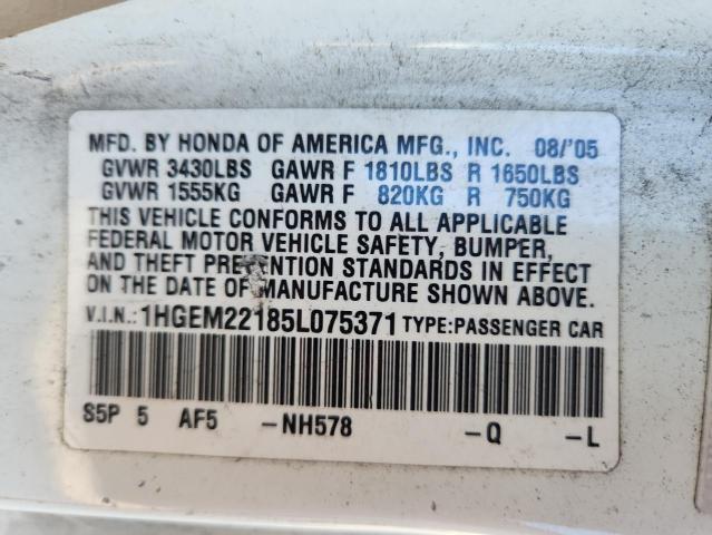 1HGEM22185L075371 - 2005 HONDA CIVIC DX VP Weiß Foto 12