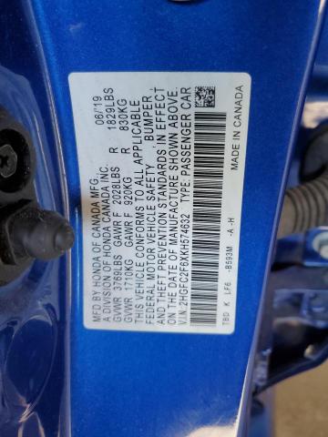 2HGFC2F6XKH574632 - 2019 HONDA CIVIC LX 蓝色 照片 12