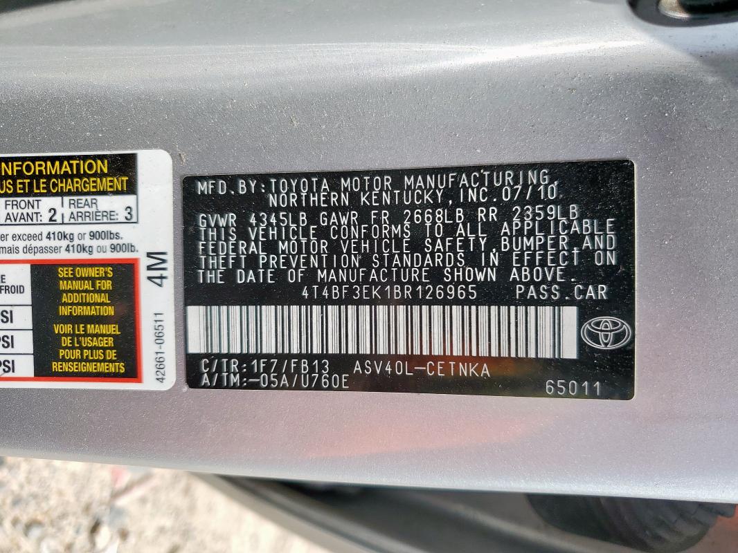 4T4BF3EK1BR126965 - 2011 TOYOTA CAMRY BASE ვერცხლისფერი ფოტო 12