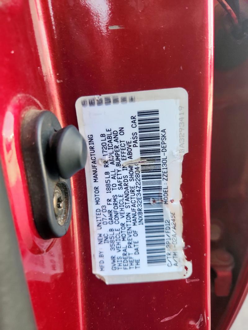 1NXBR32E34Z228044 - 2004 TOYOTA COROLLA CE MAROON photo 12