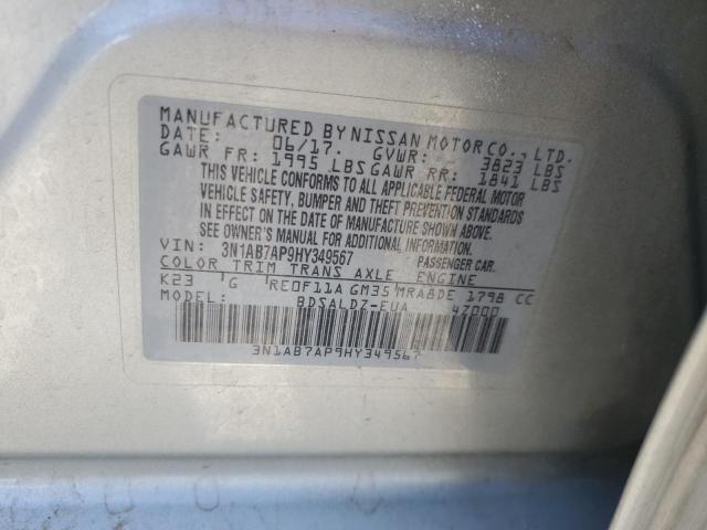 3N1AB7AP9HY349567 - 2017 NISSAN SENTRA S 银色 照片 12