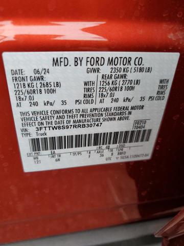 3FTTW8S97RRB30747 - 2024 FORD MAVERICK LARIAT ORANGE photo 12