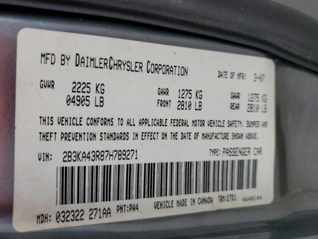 2B3KA43R87H789271 - 2007 DODGE CHARGER SE GRAY photo 12