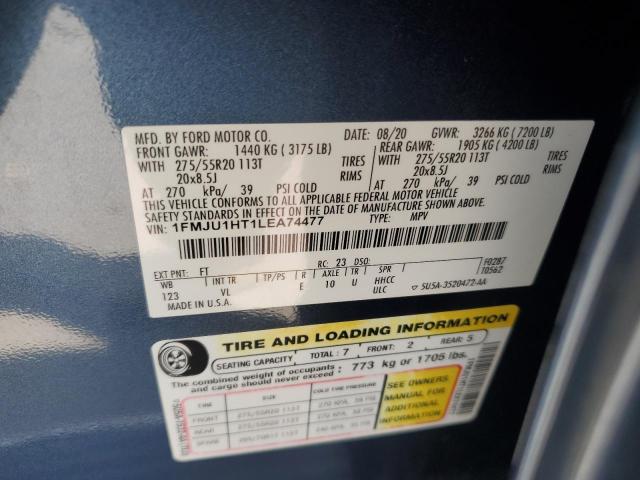 1FMJU1HT1LEA74477 - 2020 FORD EXPEDITION XLT 蓝色 照片 12