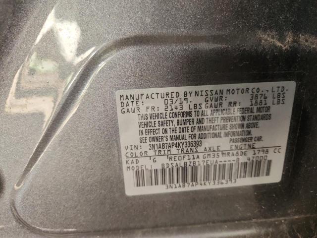 3N1AB7AP4KY336393 - 2019 NISSAN SENTRA S 灰色 照片 12