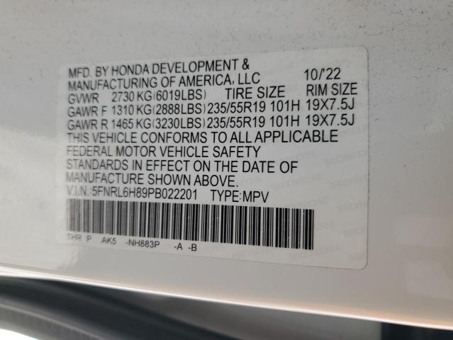 5FNRL6H89PB022201 - 2023 HONDA ODYSSEY TOURING WHITE photo 13